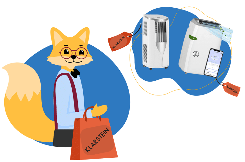 Der Smart-Home-Fox Experte steht vor unterschiedlichen mobilen Klimaanlagen vom Hersteller Klarstein.